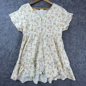 Silk & Salt Dress XL Off White Yellow Boho Tiered Country Babydoll Button Front